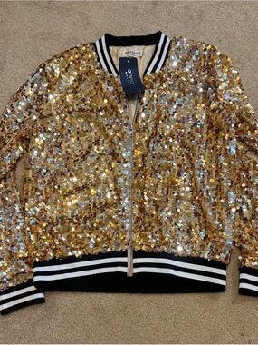 Sequined Gold Varsity Jacket with Striped Trim